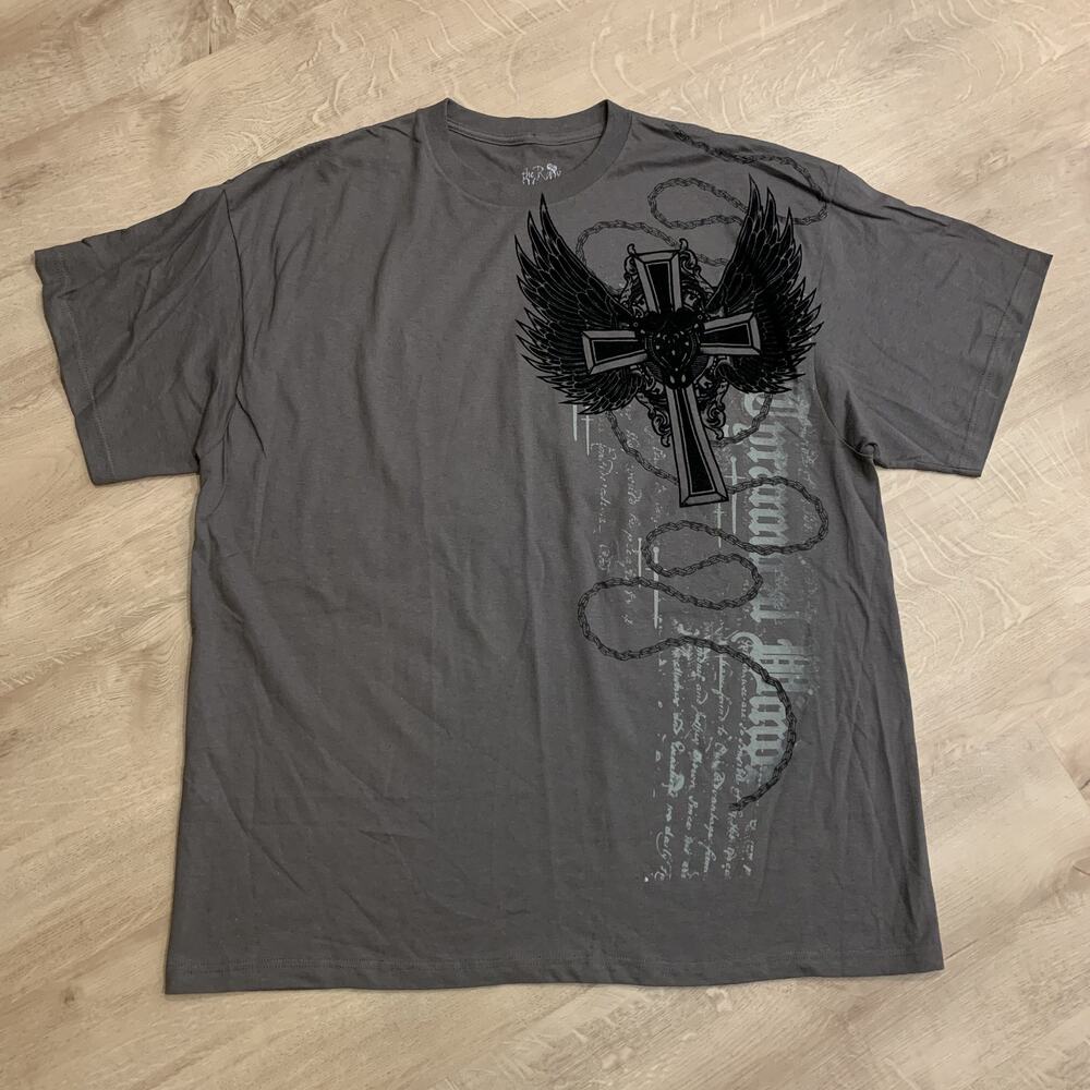 Vintage Y2K The Raw Uncut T-Shirt Mens XXL 2XL Goth Grunge Gray Black Felt Wings